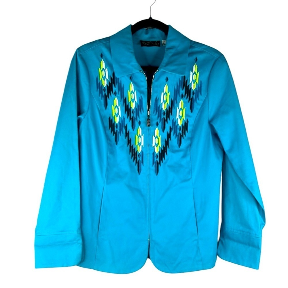 Bob Mackie Turquoise Southwest Embroidered Zip Down Lightweight Jacket Sz Small